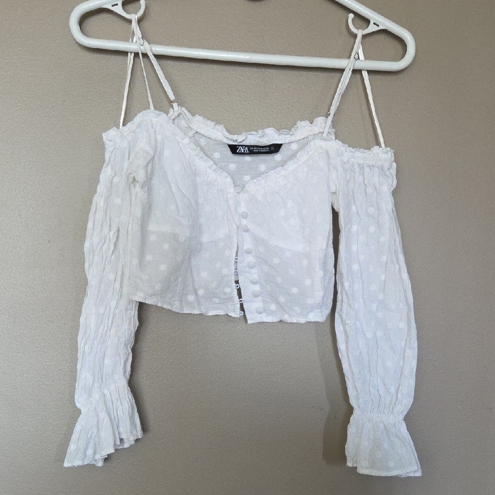 Zara White Bell Sleeve Crop Button Up Blouse Size XS